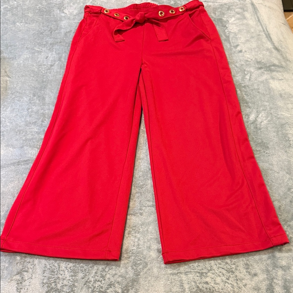 Deja Bleu Bright Red Wide-Leg Pull-On Pants with Grommet Fabric Belt, size XL